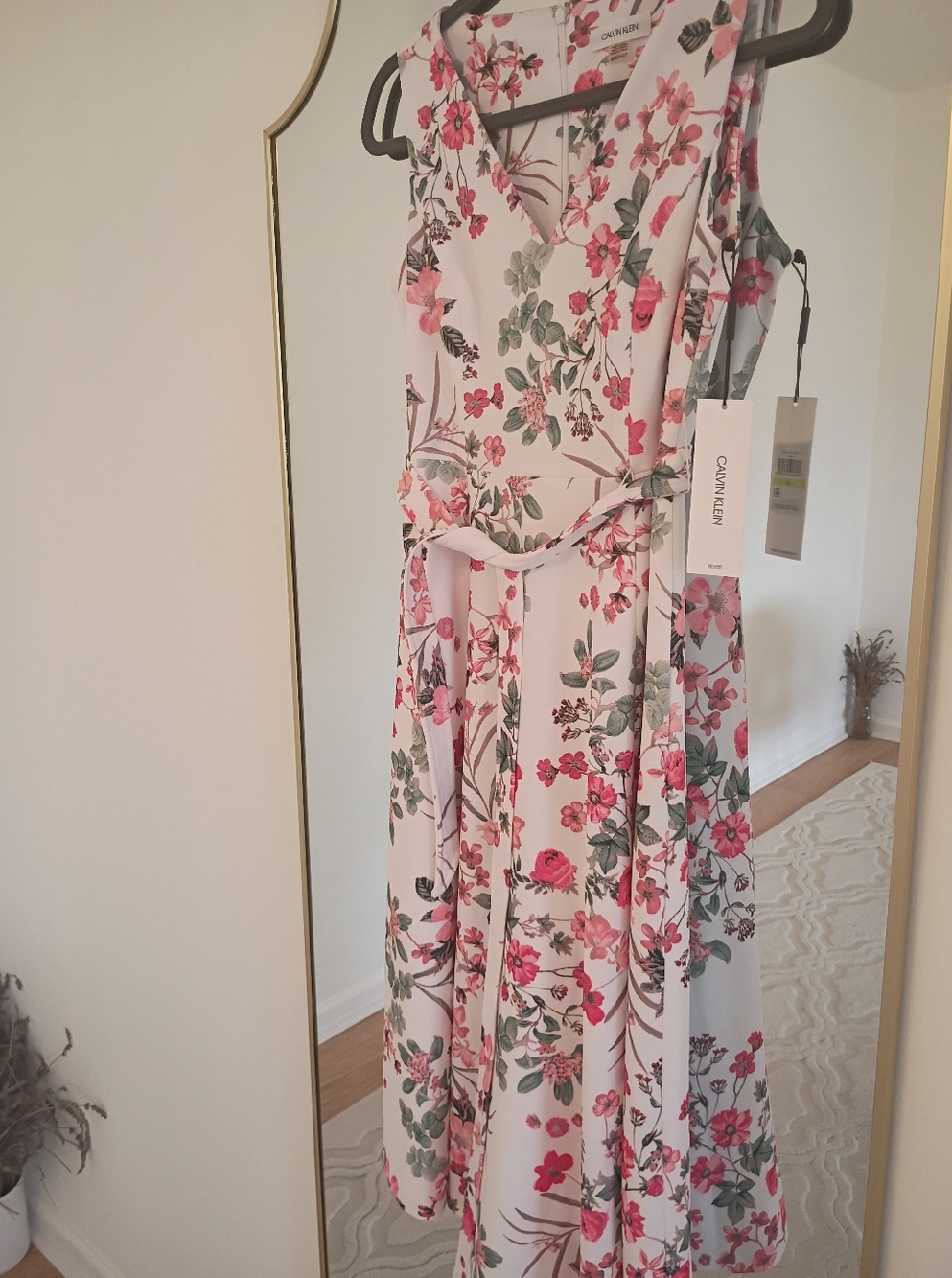 Calvin Klein White Floral V-Neck Midi Dress with Pink and Green Print
